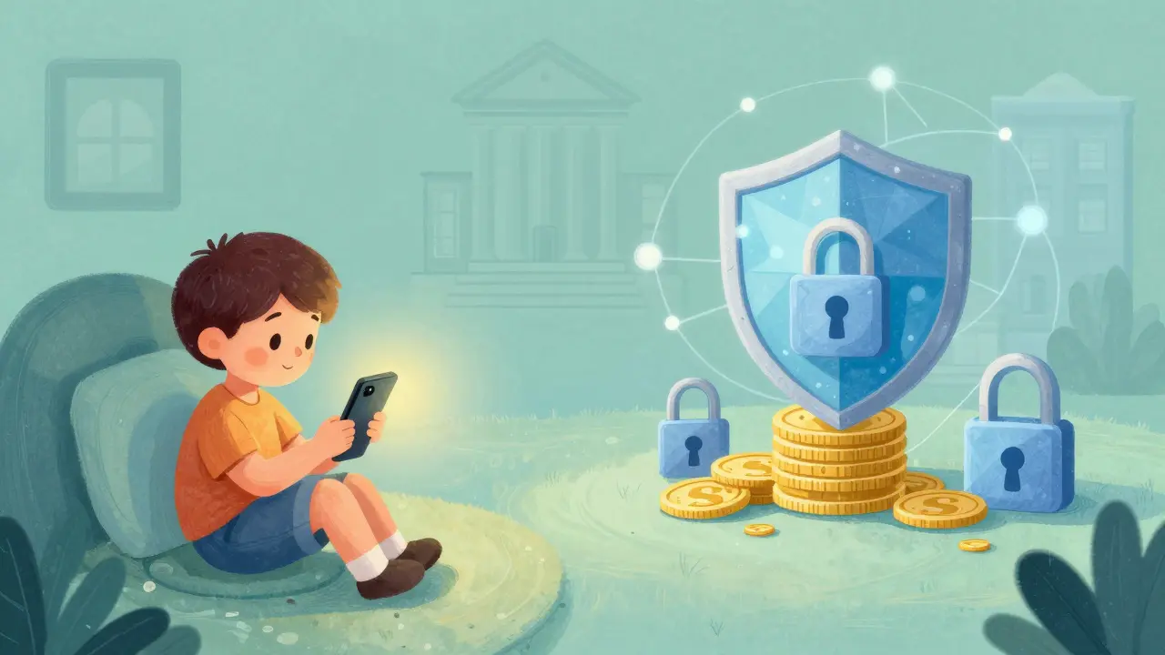 Illustration montrant un enfant utilisant un smartphone sécurisé par des boucliers numériques.