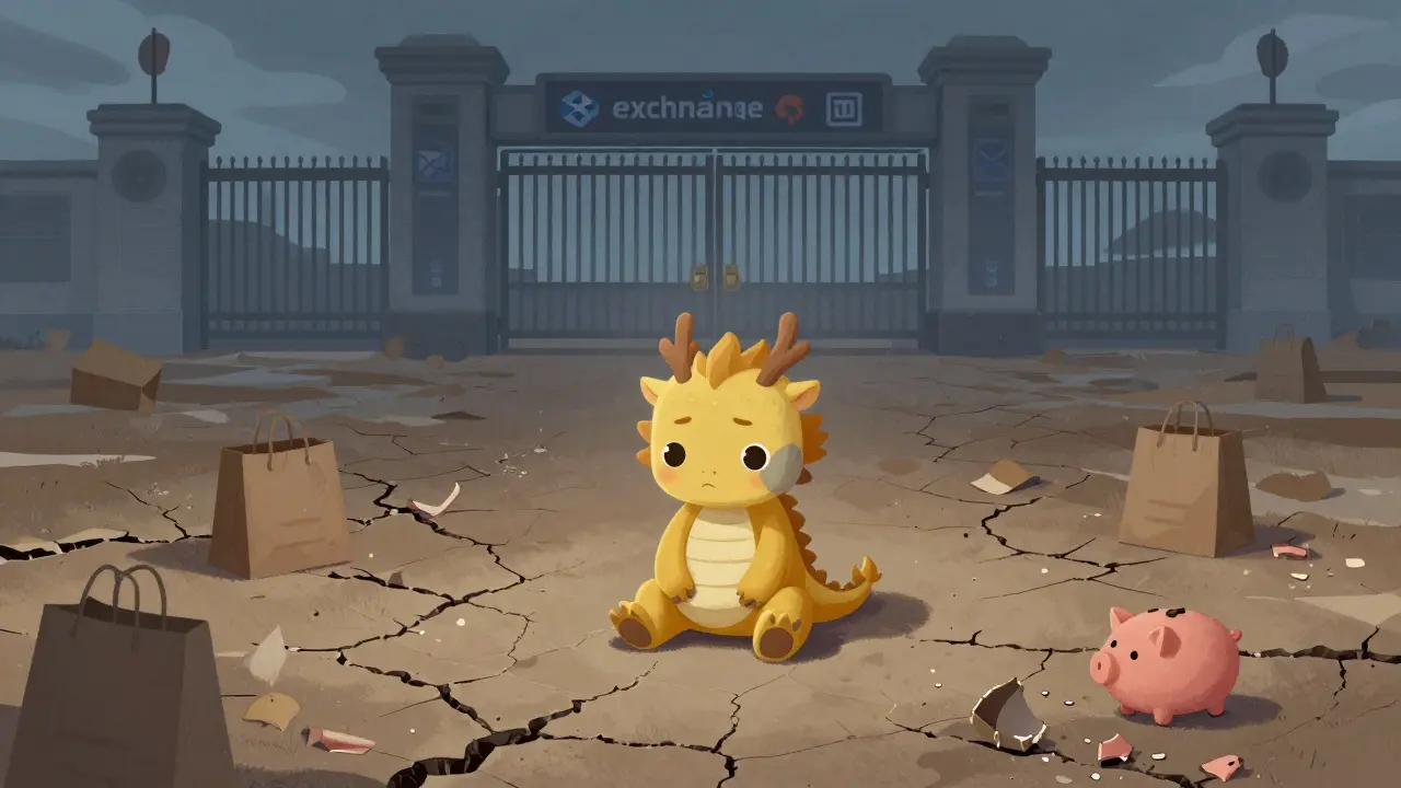 Le dragon triste et gris sur un terrain sec, symbolisant l'échec du projet DRAGON.