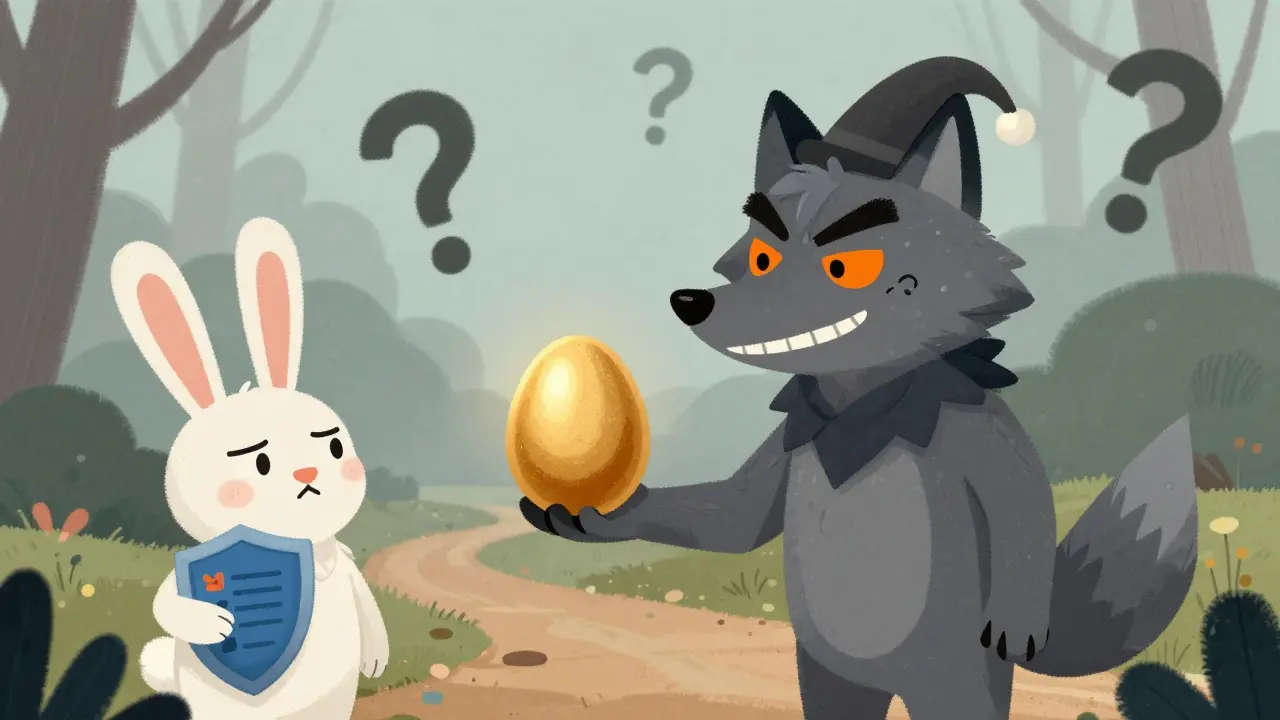 Loup rusé offrant un œuf creux à un lapin prudent tenant un bouclier