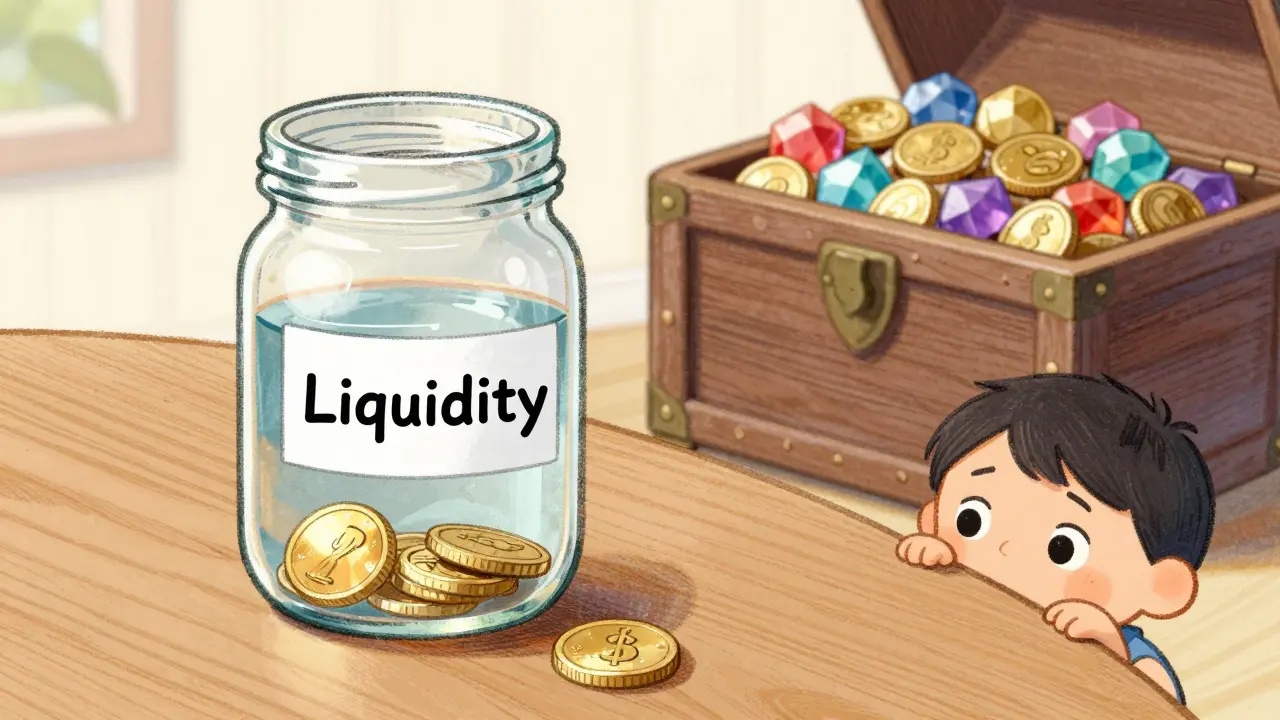 Petit bocal de liquidité vide comparé à un coffre plein, style livre pour enfants