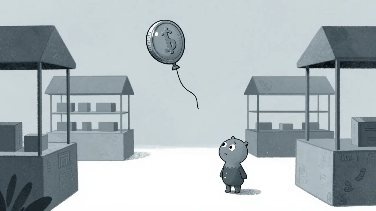 Un ballon dégonflé représentant le token JF sans valeur ni liquidité sur un marché vide