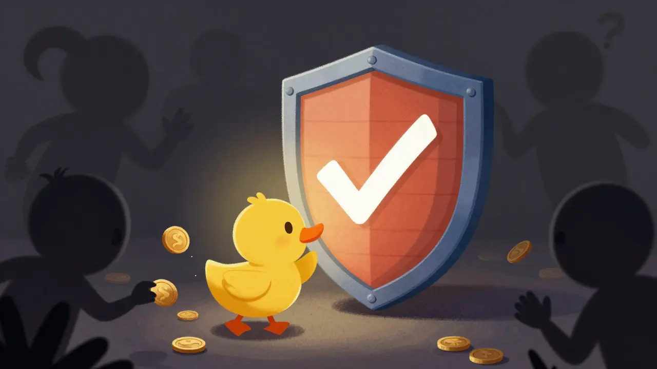 Un bouclier protège un canard des arnaques crypto dans une illustration enfantine.