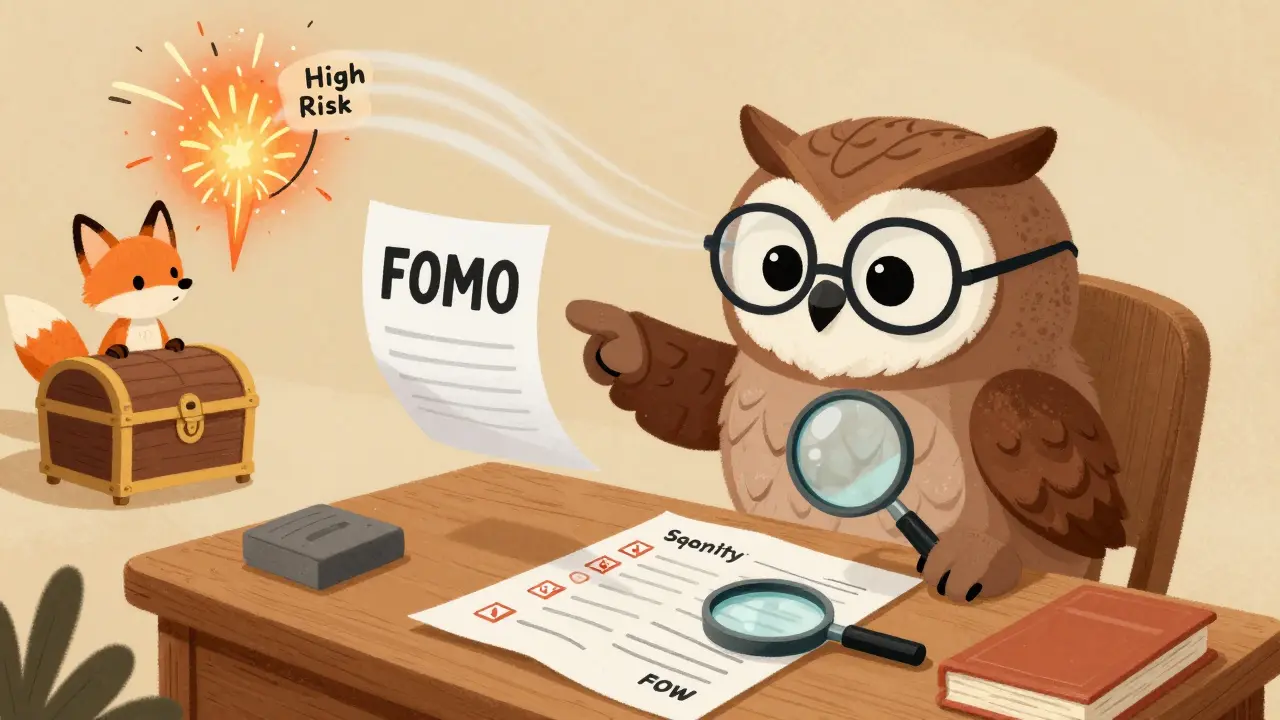 Un hibou sage conseille la prudence face aux risques d'investissement crypto.