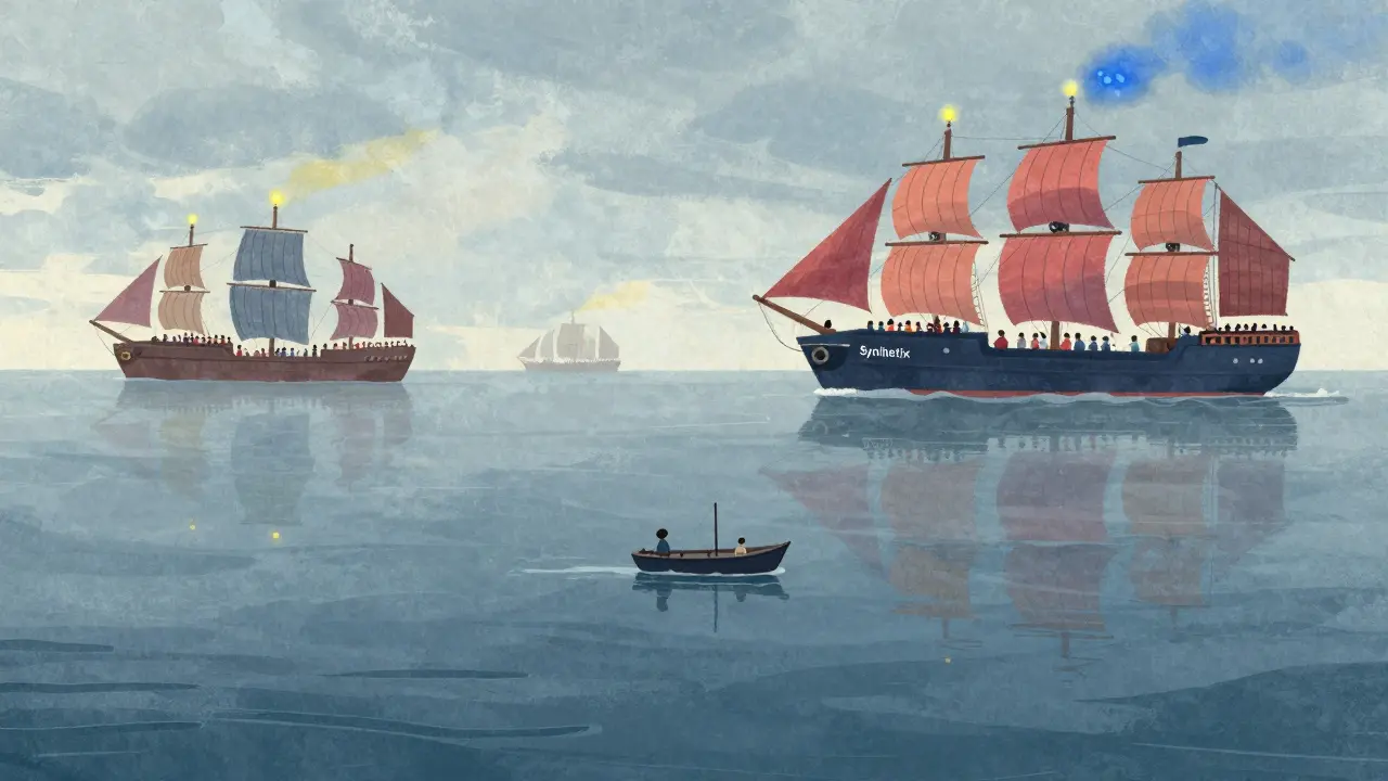 Un petit bateau solitaire dérive sur un océan calme, loin des grands navires établis, symbolisant l'isolement et les risques.