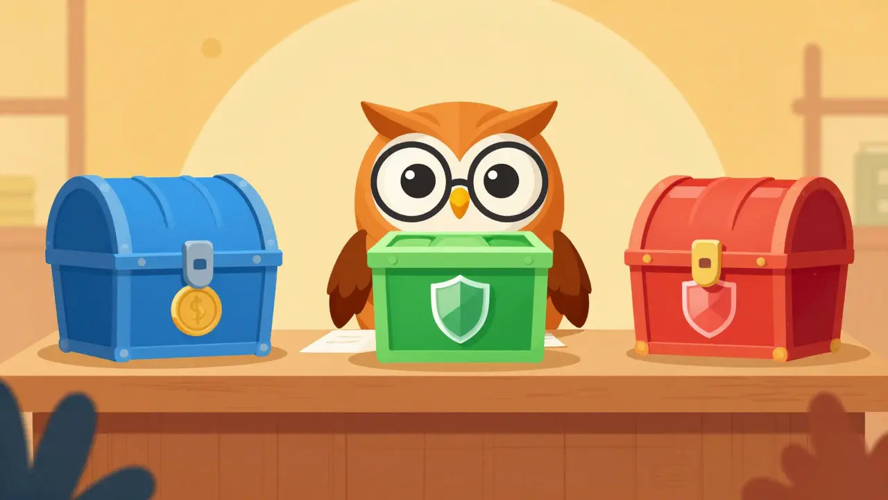 Une hibou sage montrant des coffres-forts sûrs et colorés