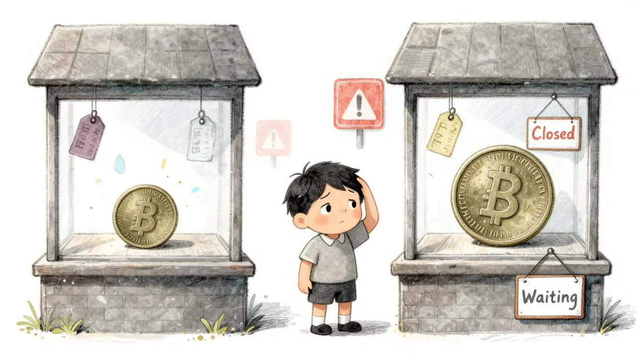 Une scène confuse montrant des prix contradictoires pour une pièce de monnaie dans deux vitrines différentes, illustrant le manque de liquidité.