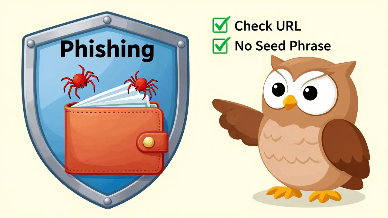 Cartoon éducatif montrant un bouclier protégeant un portefeuille contre des araignées rouges de phishing, avec une chouette sage pointant une liste de vérification de sécurité.