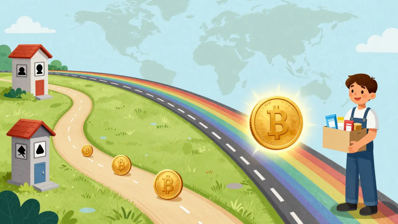 Comparaison illustrée entre les frais bancaires lents et la rapidité des dons par blockchain.