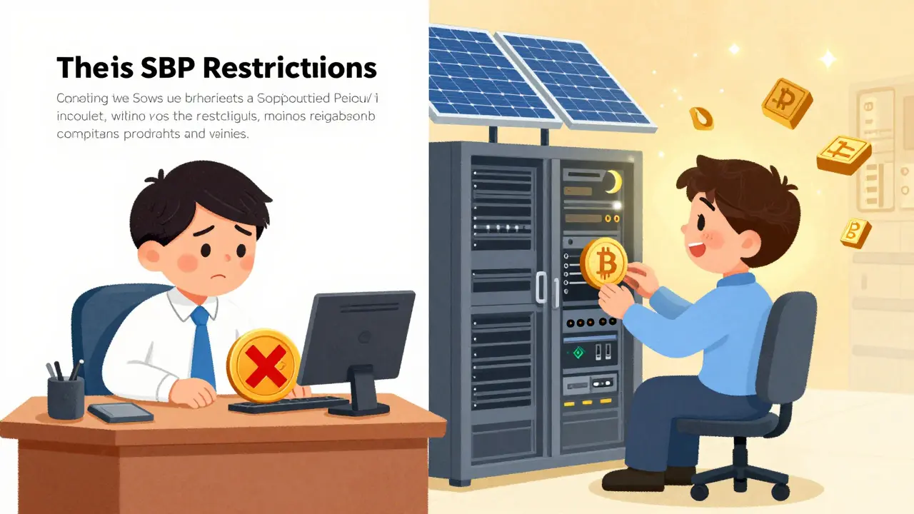 Contraste entre banque restrictive et opportunités crypto, illustration douce et colorée