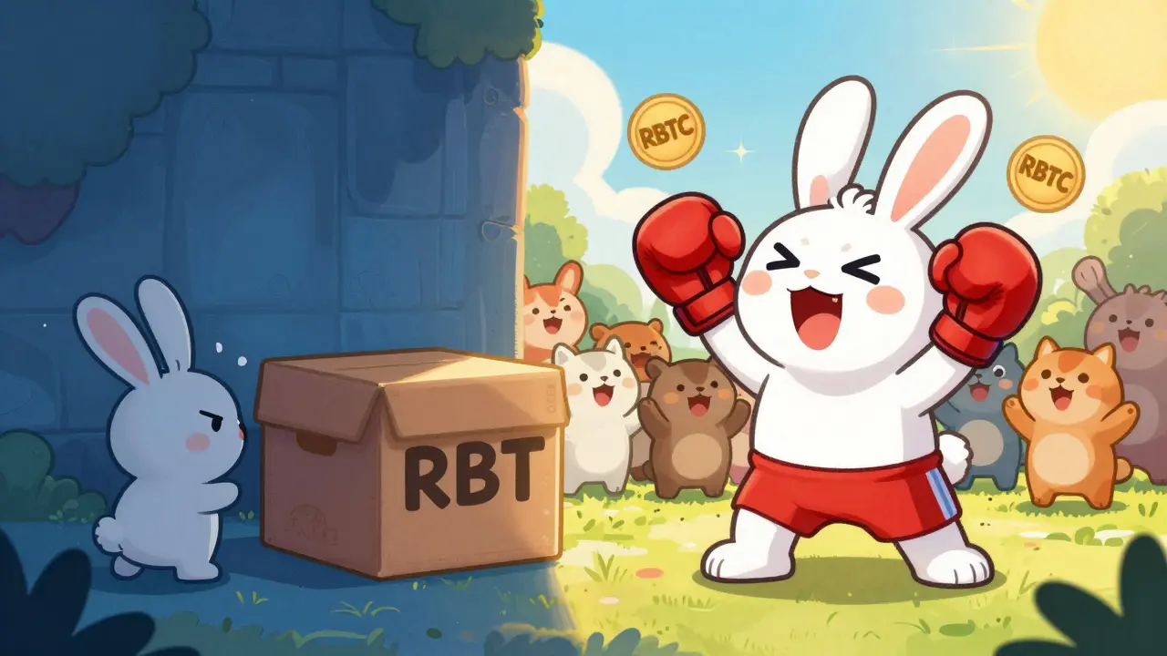 Contraste entre un lapin confus face à une boîte vide RBT et Rocky Rabbit célébrant sous le soleil.