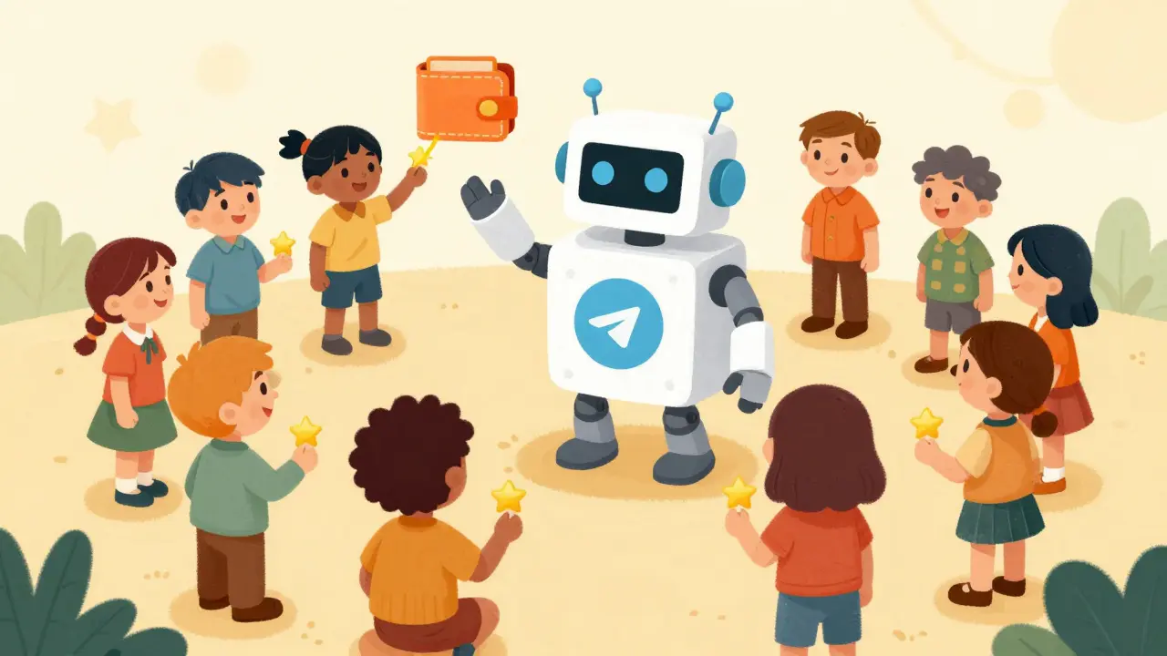 Des personnages dessinés interagissant avec un robot pour gagner des points et des récompenses dans une scène communautaire.
