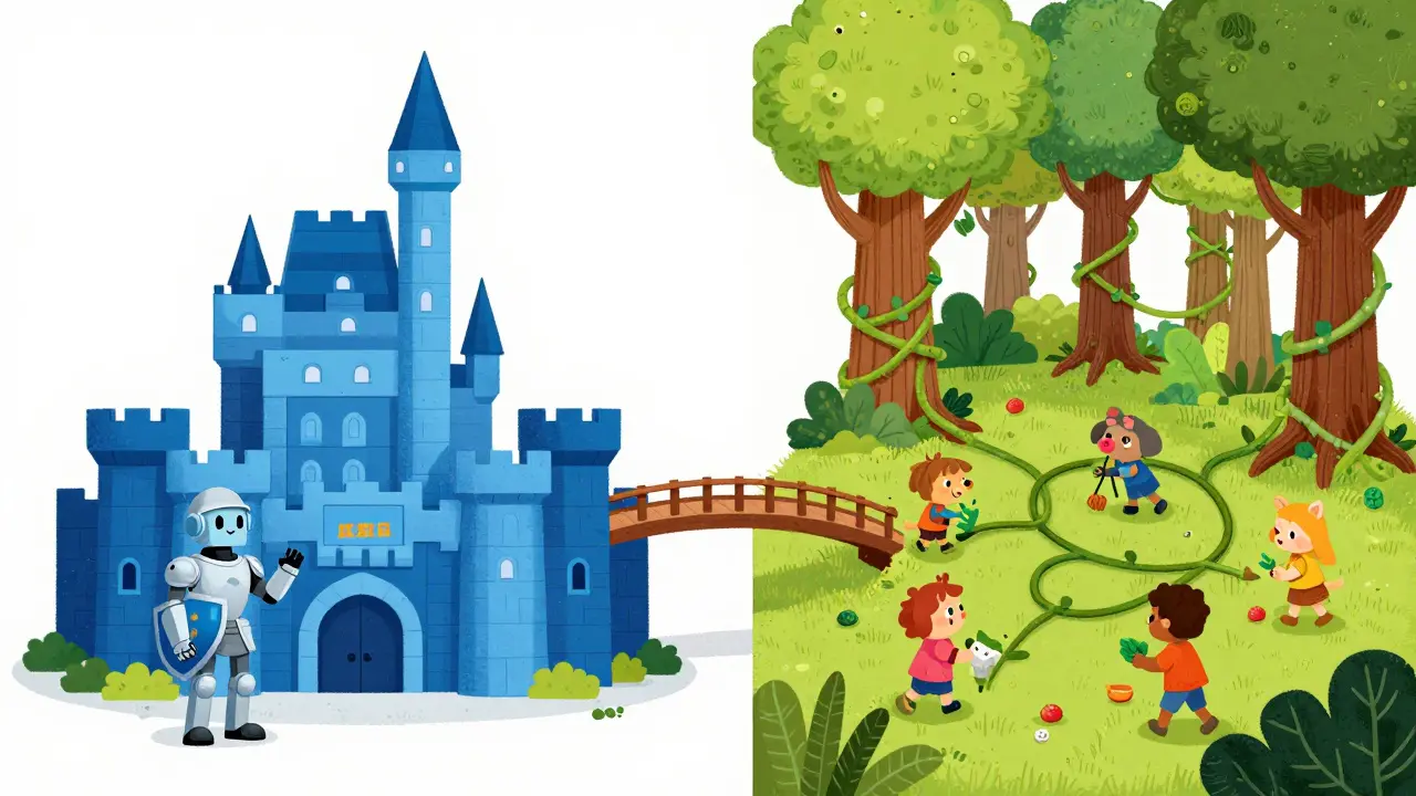 Dessin animé montrant un château institutionnel et une forêt décentralisée reliés par un pont fragile.