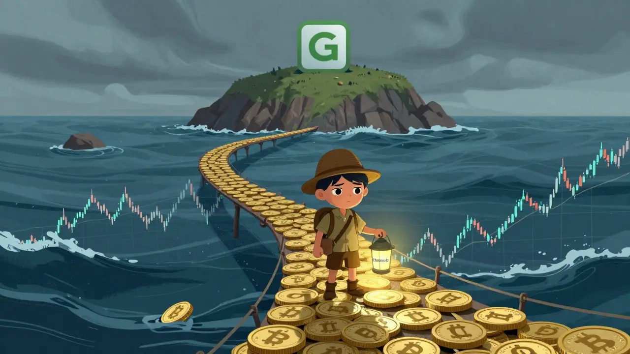 Explorateur sur un pont de cryptomonnaies au-dessus d'une mer volatile