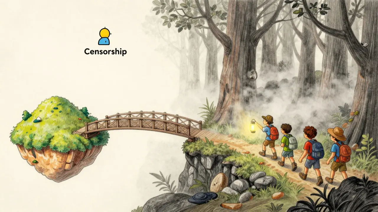 Explorateurs traversant une forêt brumeuse avec un pont sécurisé en arrière-plan