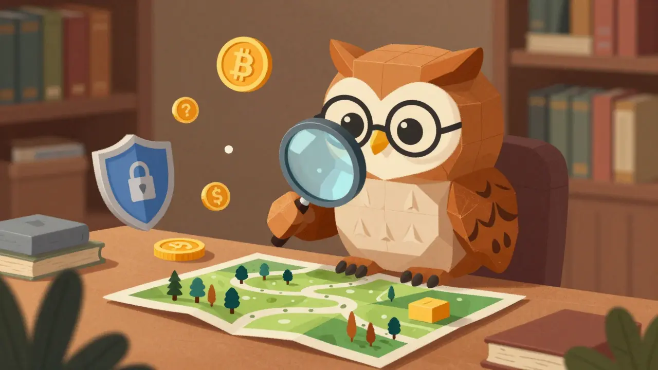 Hibou sage examinant une carte avec des symboles de sécurité et de prudence