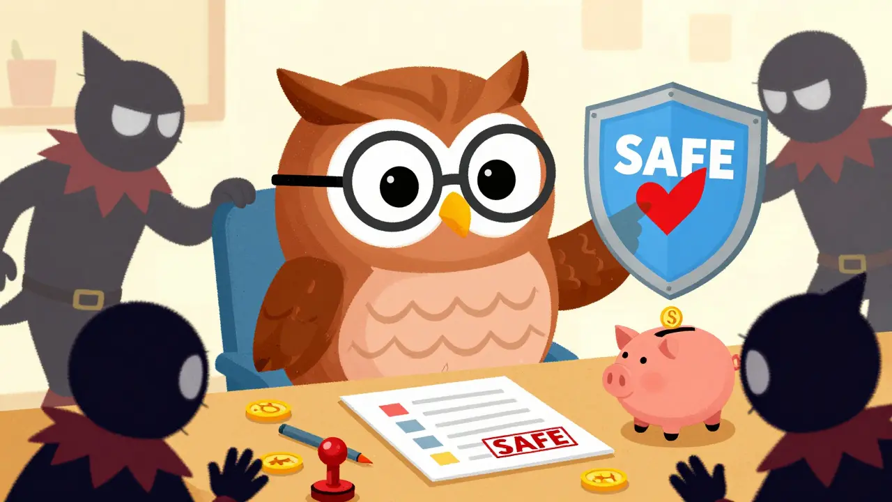 Hibou sage vérifiant la sécurité d'un portefeuille contre les arnaques crypto.
