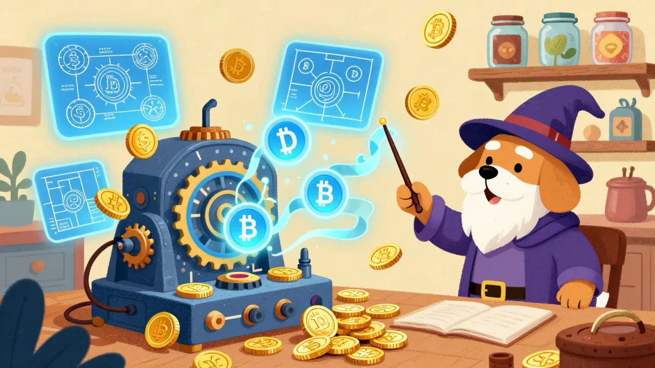 Illustration d'un magicien-chien transformant des pièces en jetons DeFi dans un atelier