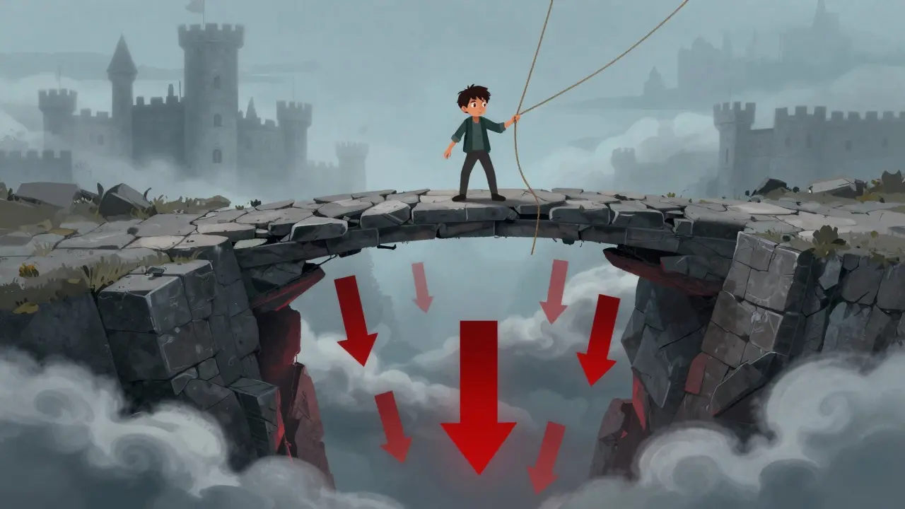 Personnage hésitant sur un pont fragile au-dessus d'un gouffre