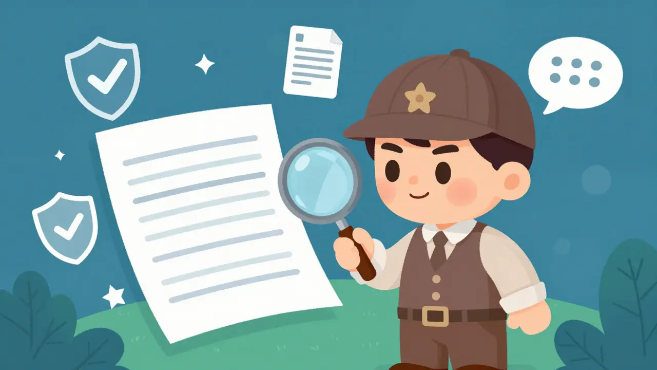 Personnage inspectant un document vide avec une loupe pour vérifier la légitimité