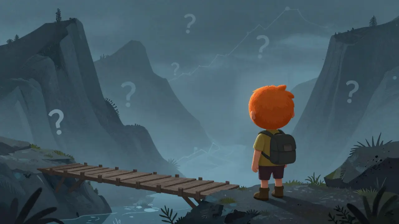 Personnage orange face à un chemin brumeux symbolisant les risques
