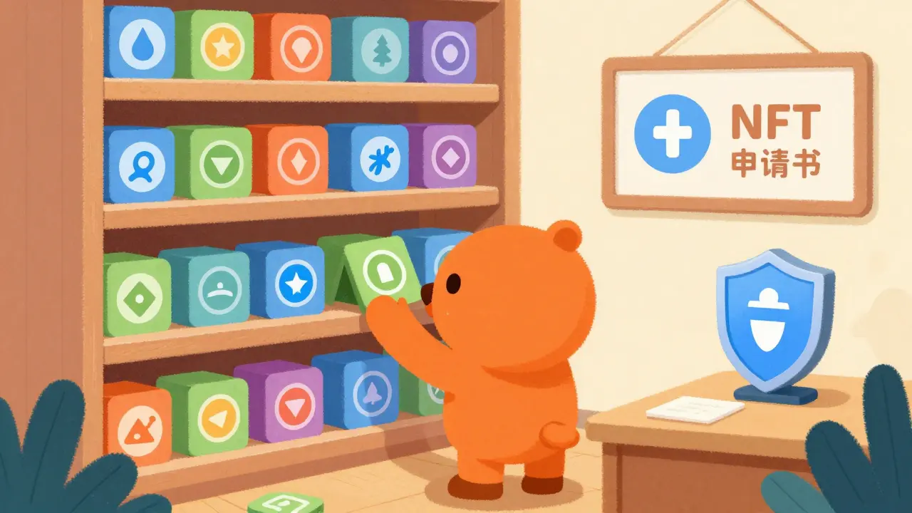 Personnage orange organisant des jetons numériques dans un atelier coloré