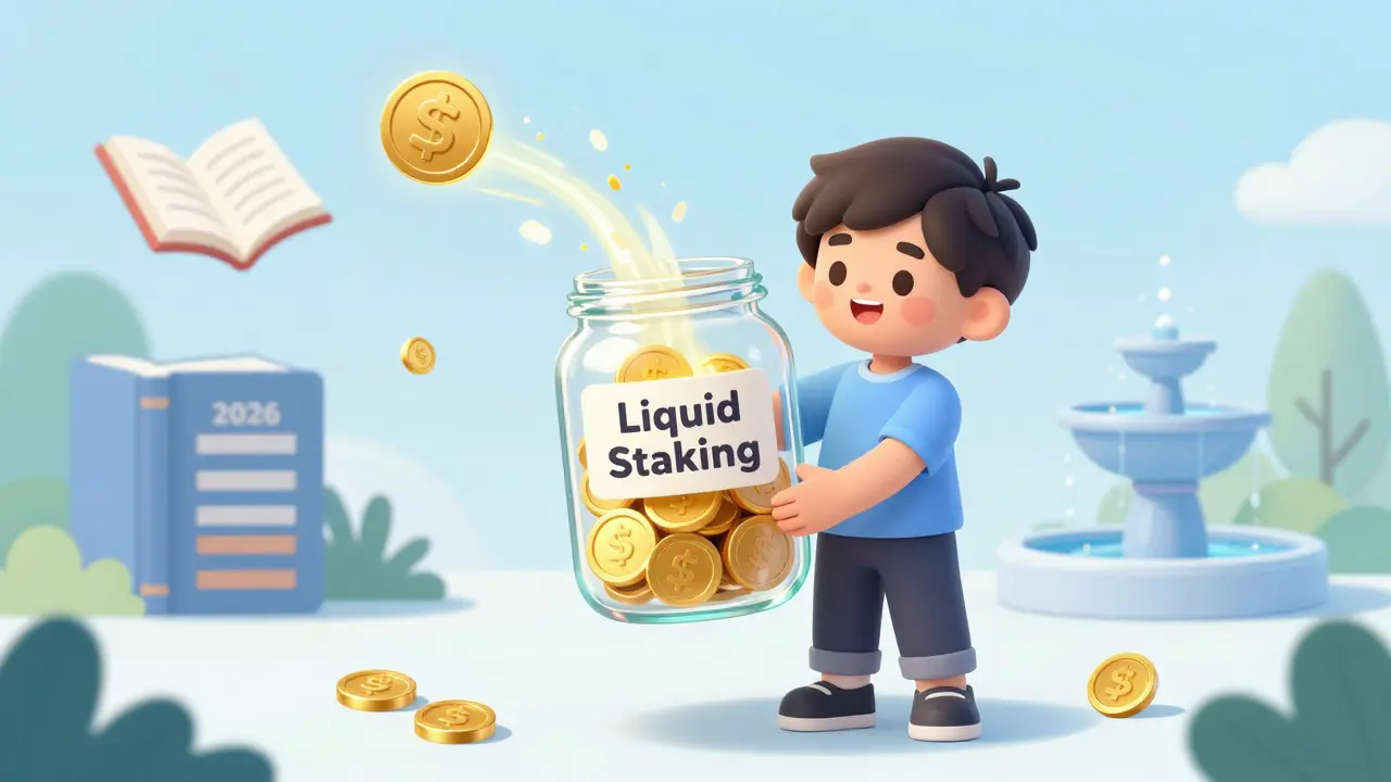 Personnage tenant des tokens de staking liquide dans un futur vert