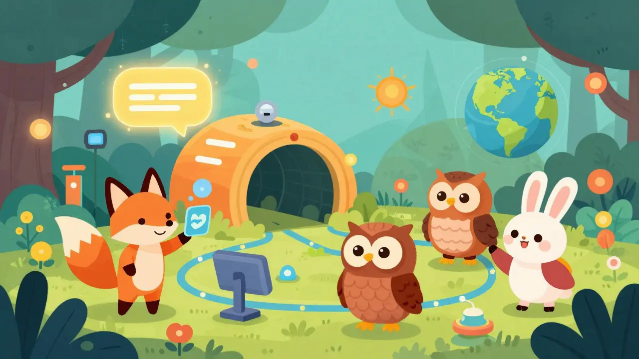 Personnages animaux utilisant des outils de messagerie et VPN privés illustrés