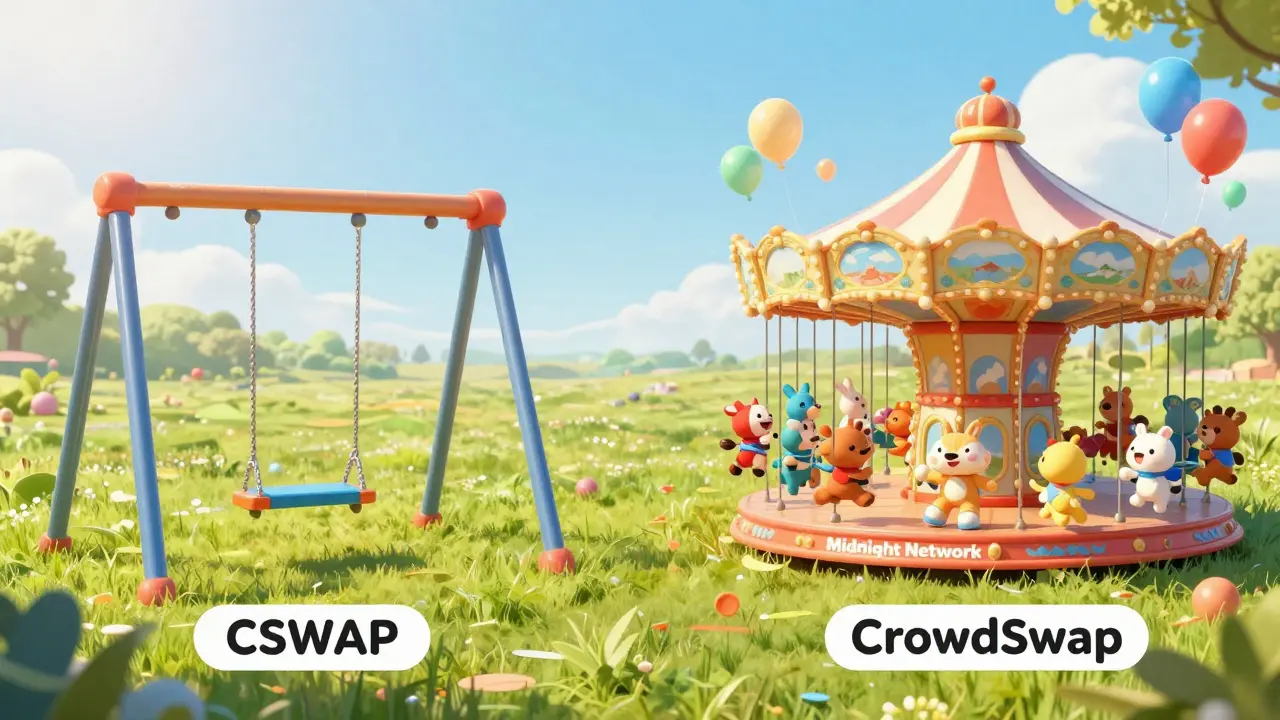 Scène de parc à thème comparant les projets : une balançoire triste et vide pour CSWAP contre une grande roue animée et heureuse pour Midnight Network et CrowdSwap.