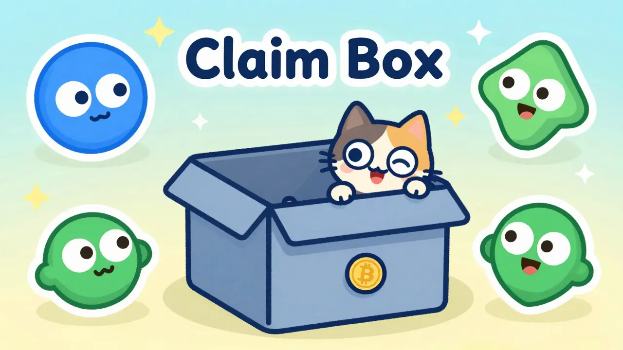 Scène illustrée mignonne montrant une boîte de réclamation vide sauf pour un petit jeton, avec un chat curieux et des icônes joyeuses d'autres projets crypto.