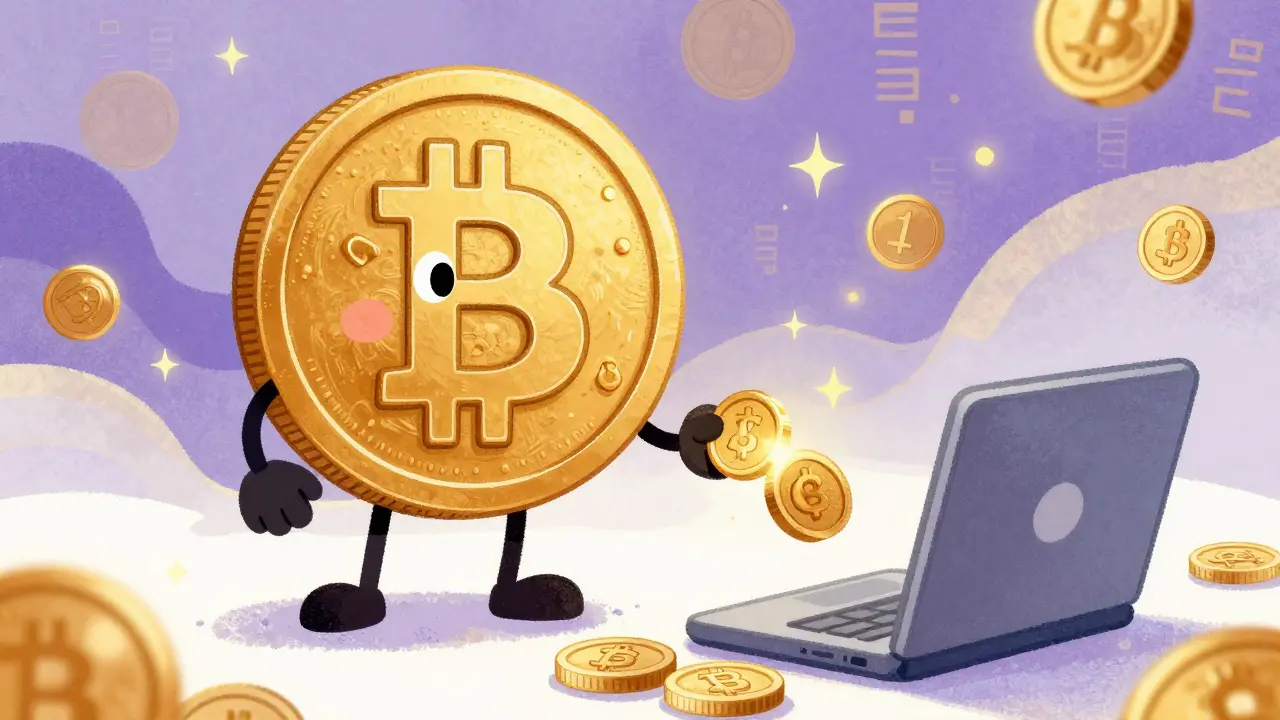 Un bitcoin souriant échange de petites pièces avec un ordinateur portable