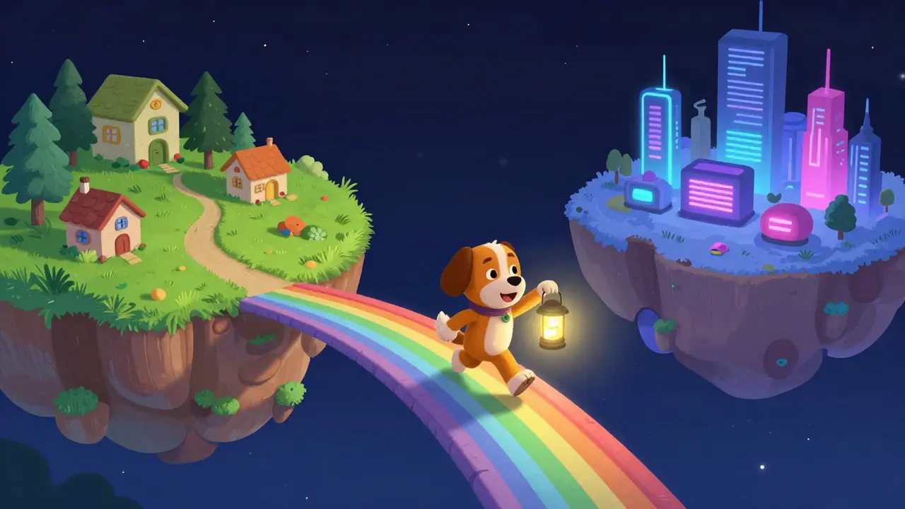 Un chien aventurier traversant un arc-en-ciel entre deux mondes cryptographiques
