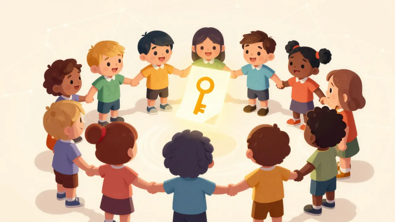 Un groupe diversifié de personnages représentant une gouvernance DAO collective autour d'une clé numérique lumineuse.