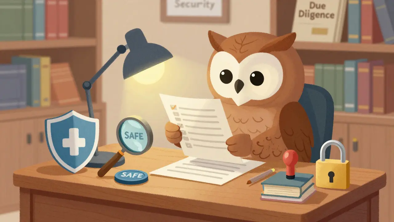 Une hibou sage vérifie la sécurité d'un projet avec une liste de contrôle.