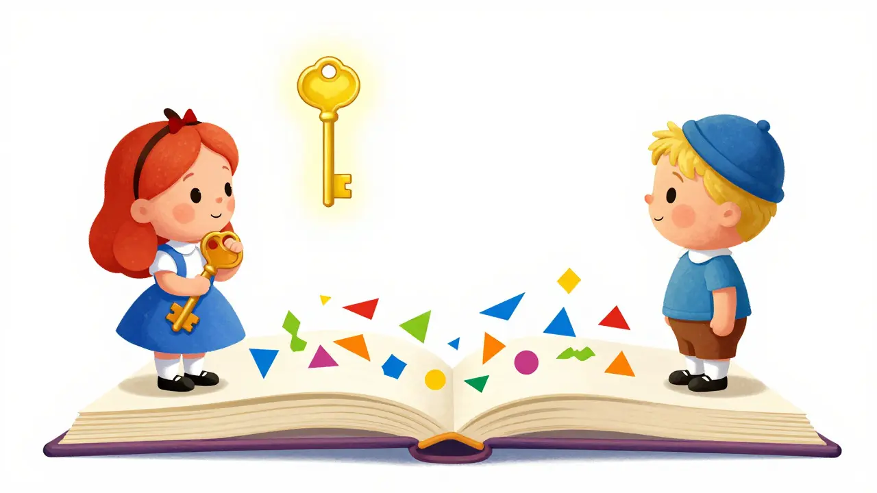 Alice et Bob échangent des clés numériques lumineuses au-dessus d'un livre ouvert.