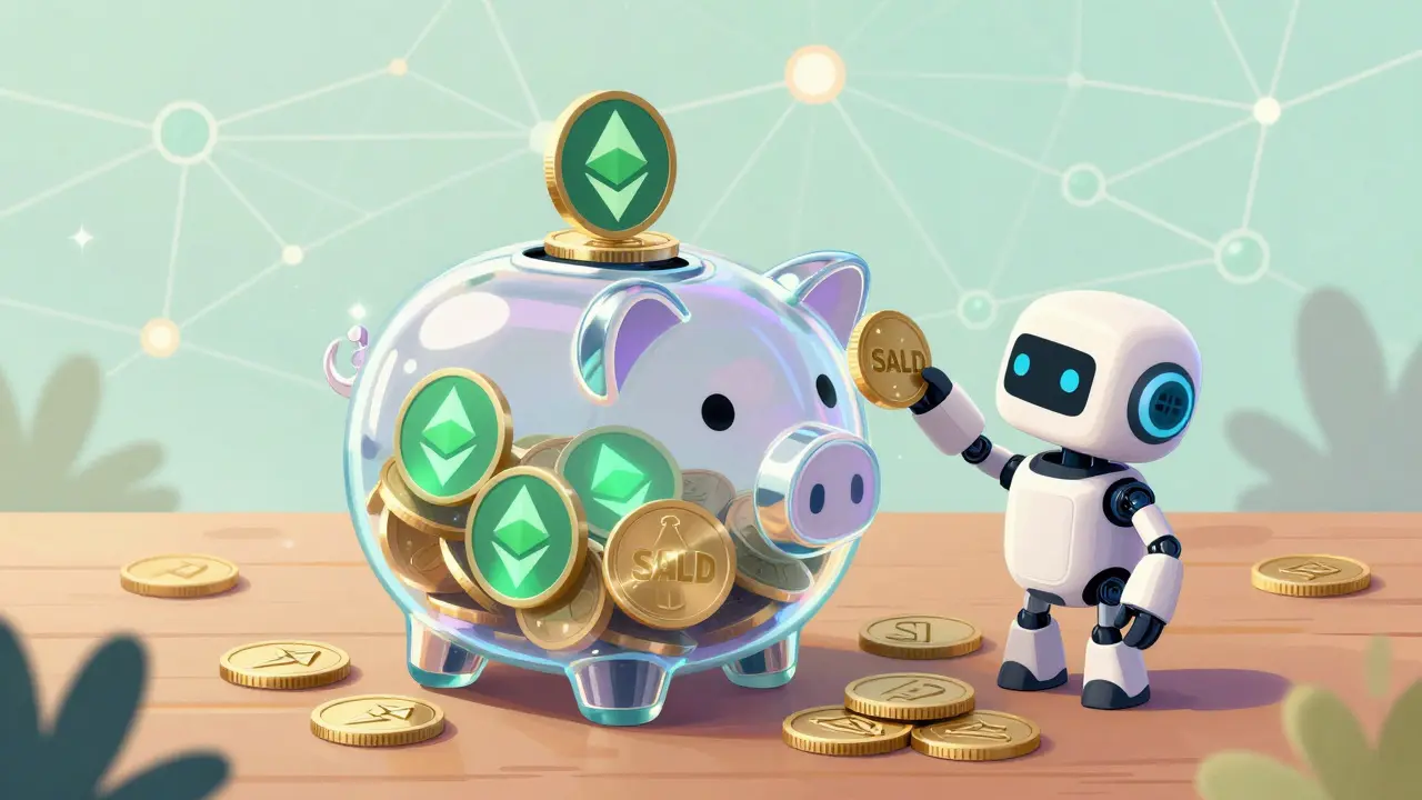 Cochonnet en verre rempli de cryptomonnaies avec un petit robot