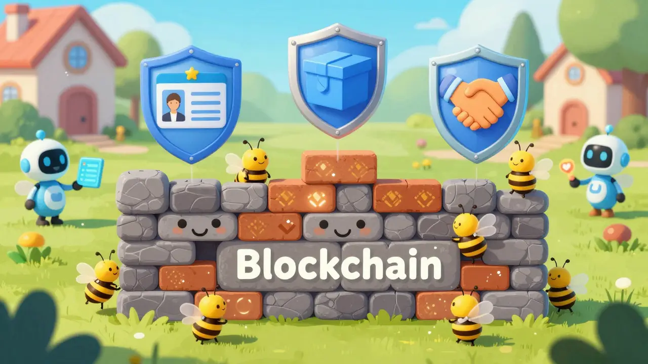 Des abeilles construisent un mur de blockchain avec des boucliers de sécurité flottants.