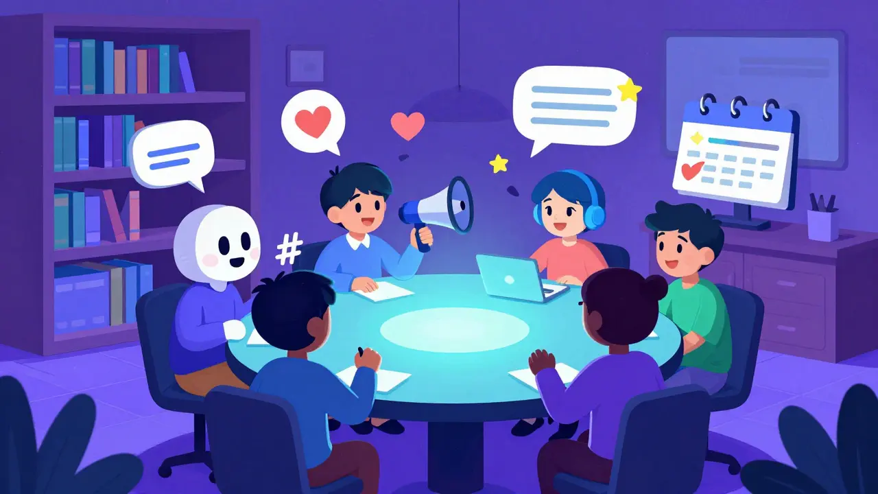 Des personnages cartoon interagissent dans un serveur Discord illustré comme une bibliothèque colorée.
