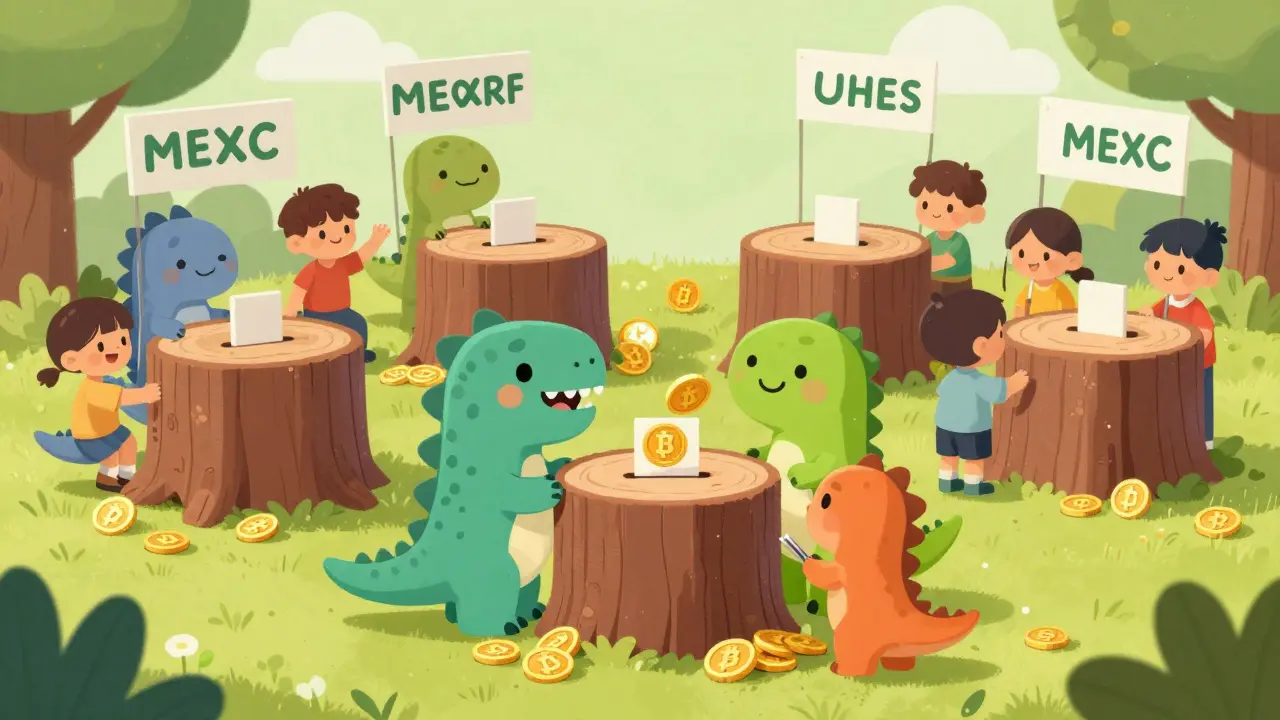 Dinosaures mignons votant avec des pièces dans une cabine en bois