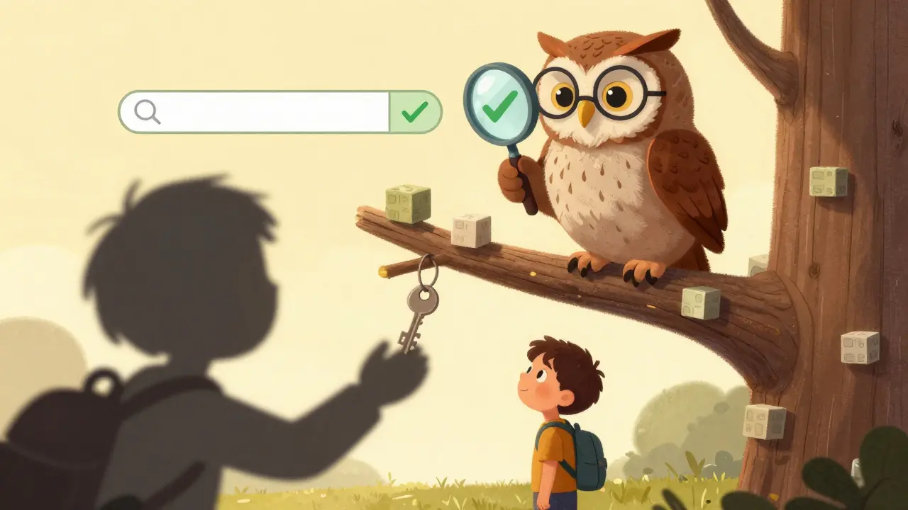 Hibou sage vérifiant une URL avec une loupe pour éviter les arnaques