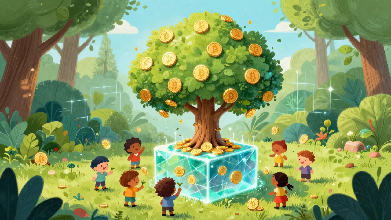 Illustration enfant : Arbre magique avec pièces numériques dorées, représentant la tokenisation des crédits carbone.