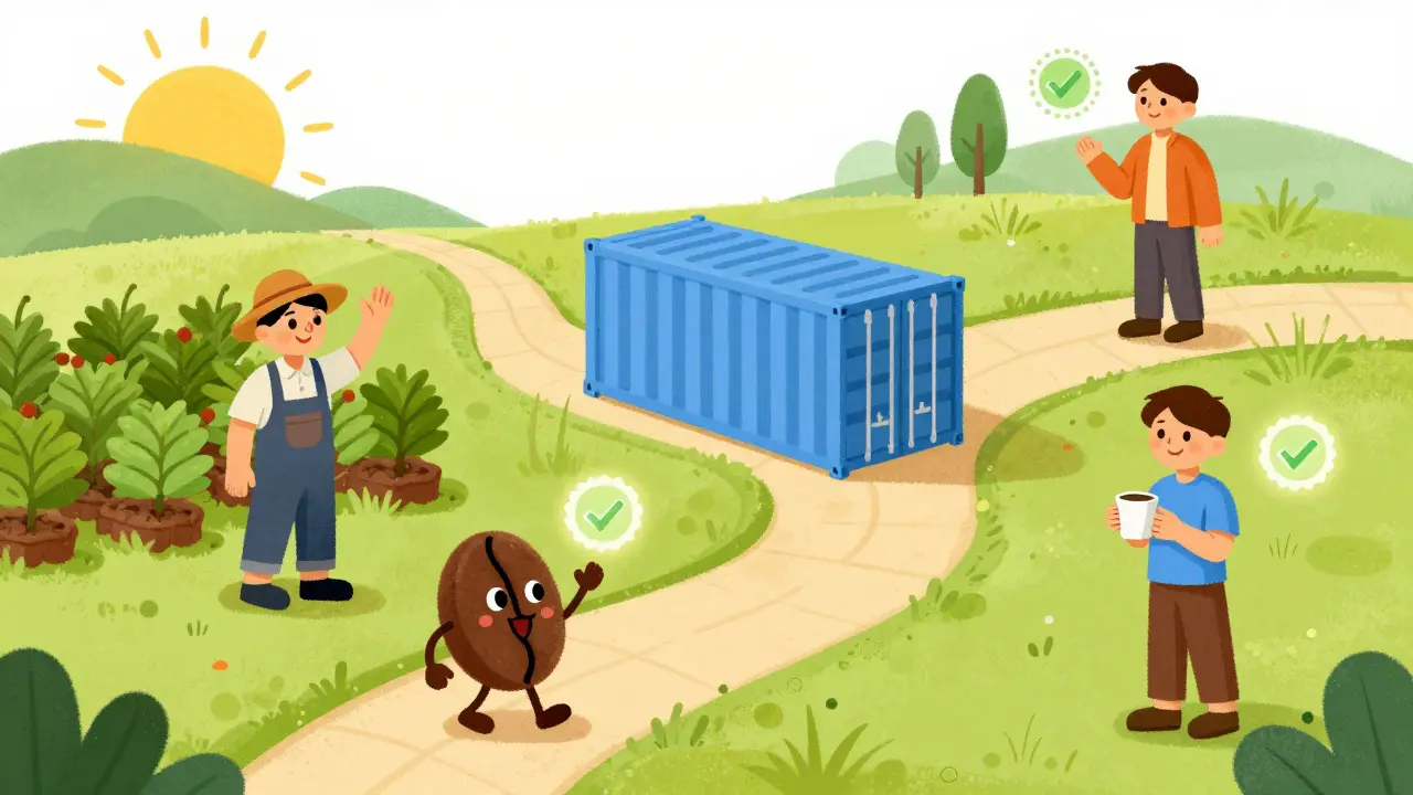 Illustration enfant : Fève de café souriante voyageant sur une carte traçable, illustrant la transparence de la chaîne d'approvisionnement.