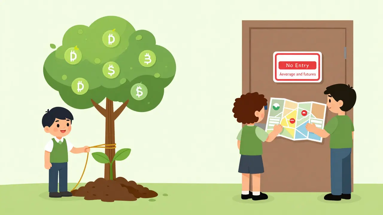 Illustration enfantine : Arbre à rendements liés vs porte fermée aux traders avancés, montrant les limites.