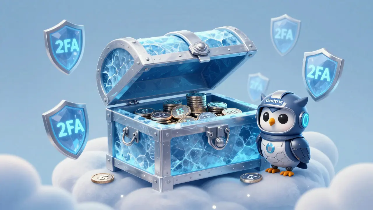 Illustration enfantine : Coffre-fort glacé protégé par un hibou robotique, symbole de sécurité des fonds.