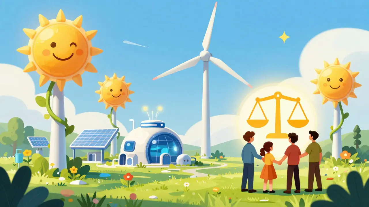 Illustration enfantine : éoliennes et panneaux solaires alimentant une mine crypto écologique