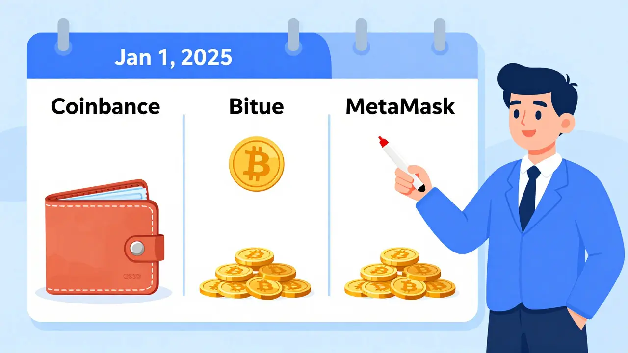 Illustration montrant la séparation des portefeuilles Coinbase et MetaMask pour les impôts