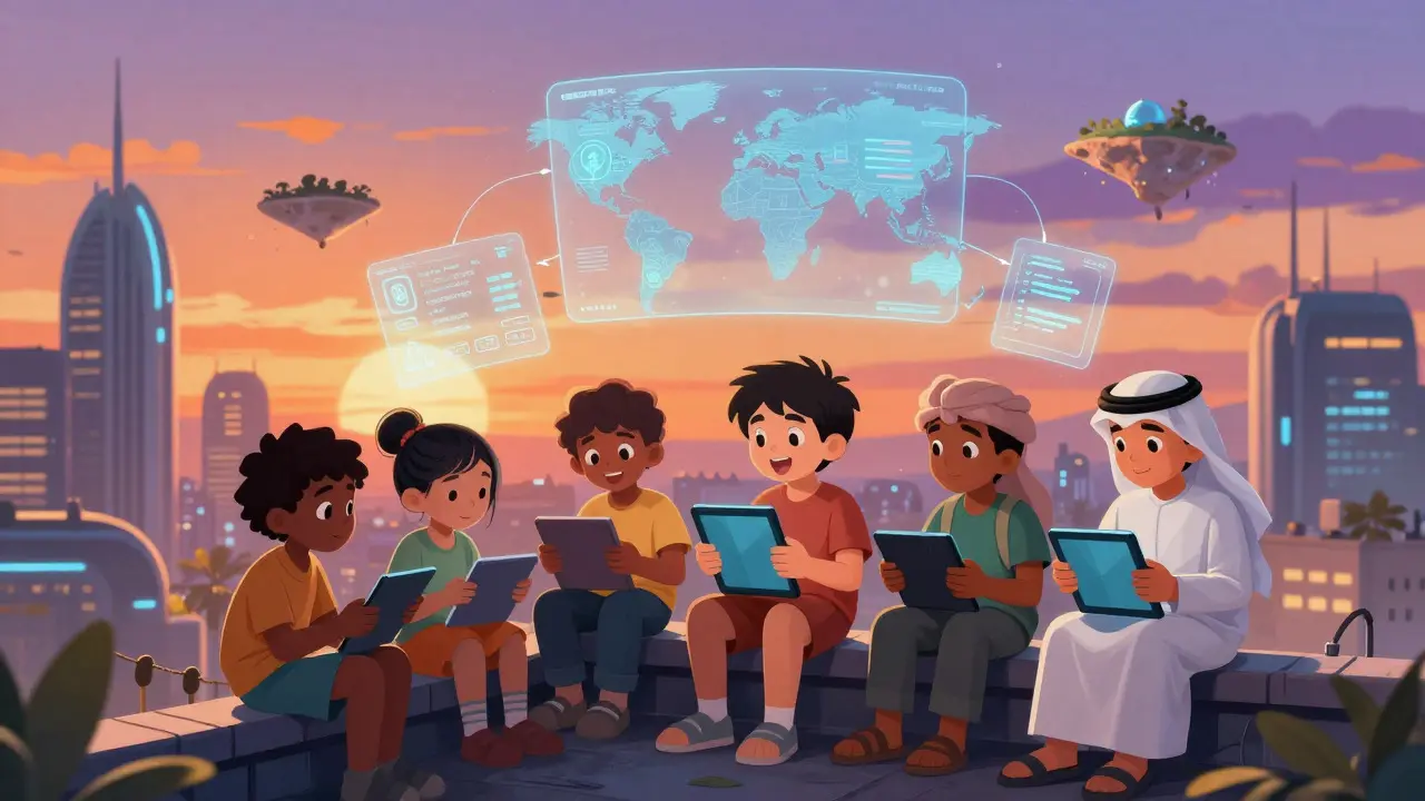 Jeunes Saoudiens investissant dans les cryptos via des tablettes sur un toit urbain au coucher du soleil.