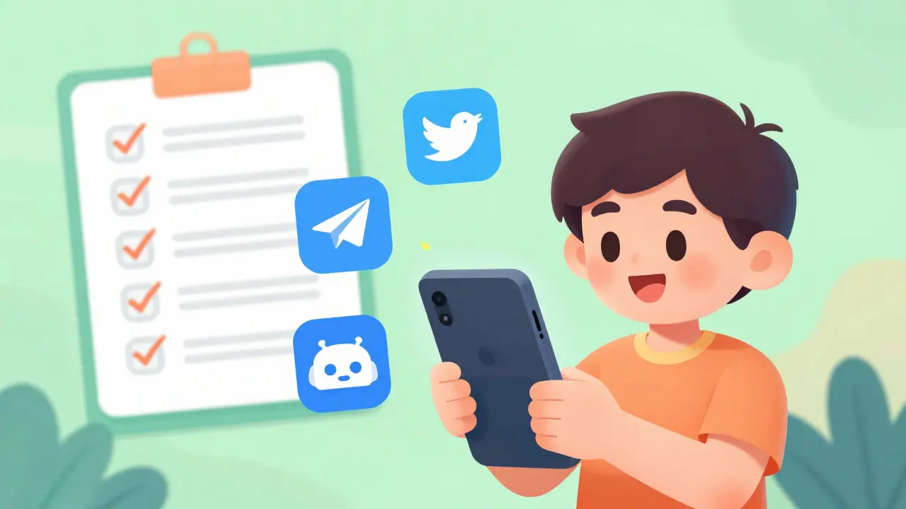 Personnage souriant complétant les étapes sur son téléphone pour l'airdrop