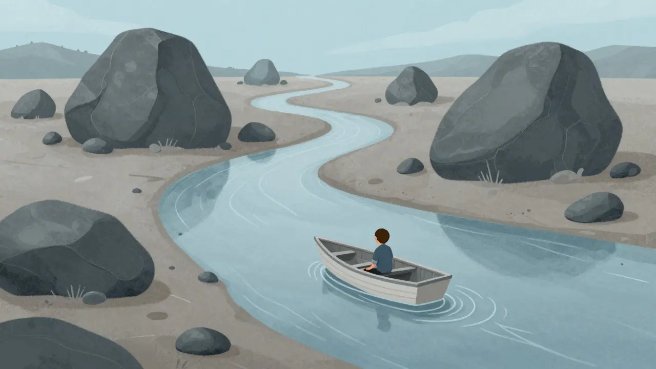 Petit bateau coincé dans un lit de rivière sec symbolisant le manque de liquidité
