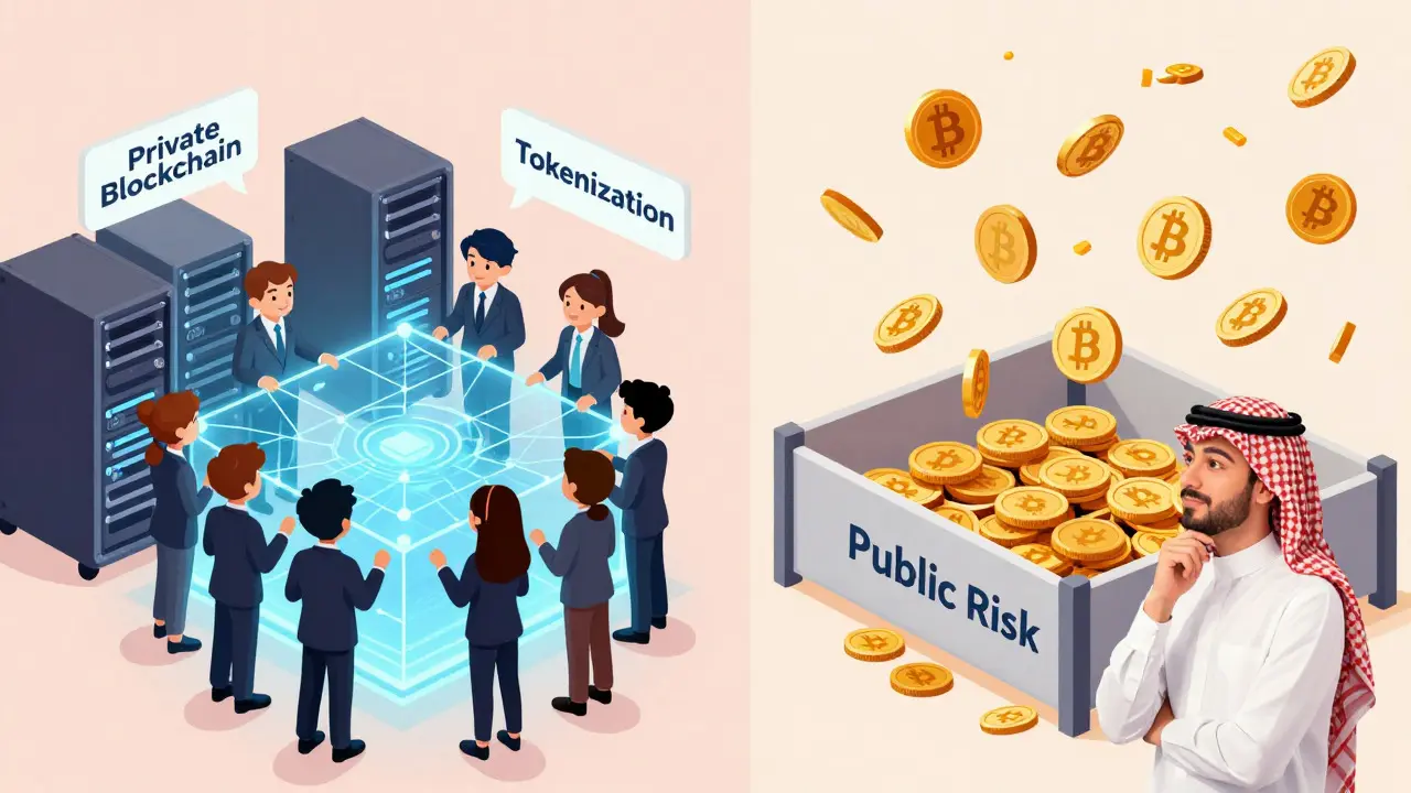 Scène divisée montrant la blockchain privée approuvée versus les cryptos publiques interdites.