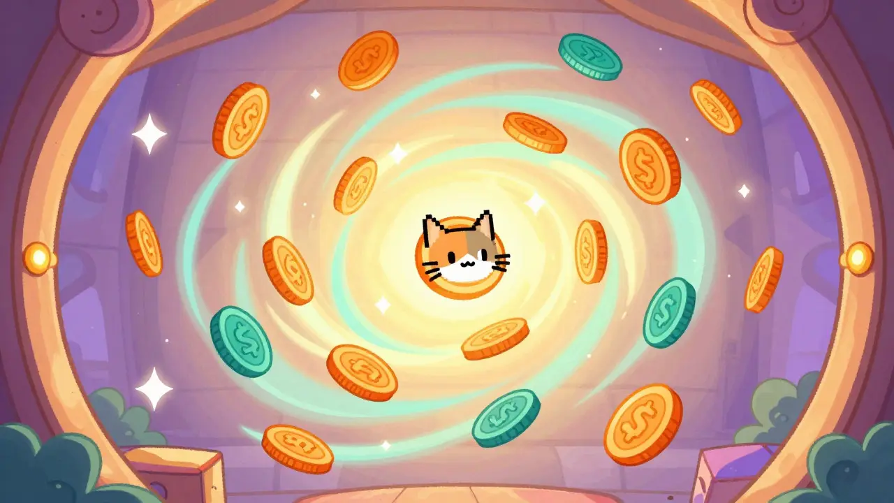 Tokens magiques flottants se transformant en visages de chats pixelisés dans un coffre